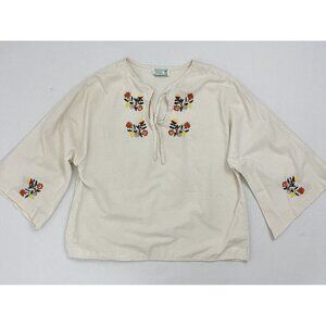 Vintage Bohemian Hippie Rainbow Floral Embroidery Top Shirt Peasant Cotton